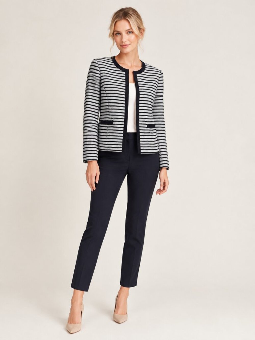 2/$30 TAHARI Arthur S. Levine Striped Honeycomb Knit Open Blazer 12 #A4850